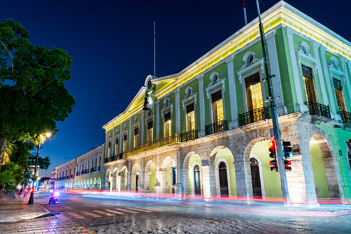 View of the Merida streets in Yucatan Mexico at night