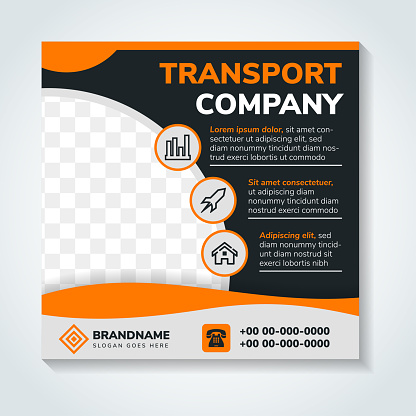 Transport company ad social media post, square banner set, trucking sale or rent advertisement concept, marketing square layout, abstract modern flyer, isolated on background. space for photo.