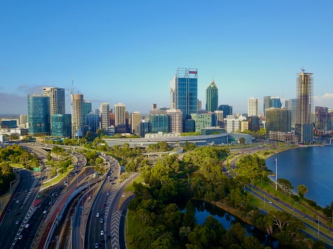 Ariel Drone view of the Perth City Skyline During the day.