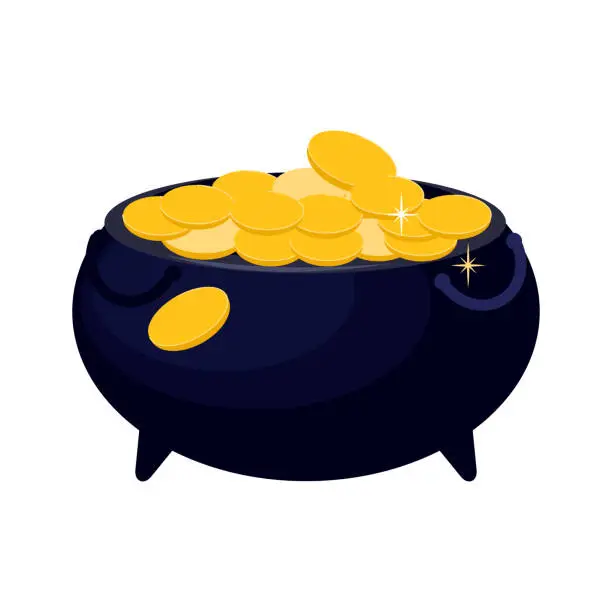 Vector illustration of Vector cartoon treasure pot, cauldron with golden coins