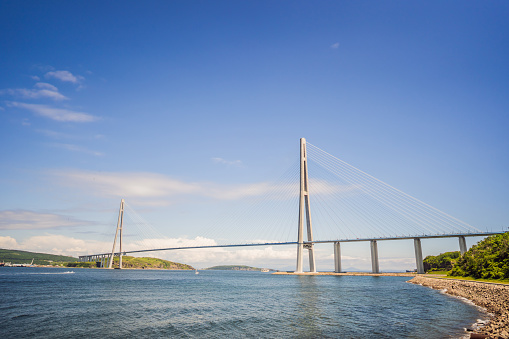 Cable-stayed bridge to Russian Island. Vladivostok. Russia. Vladivostok is the largest port on Russia's Pacific coast and the center of APEC Forum.