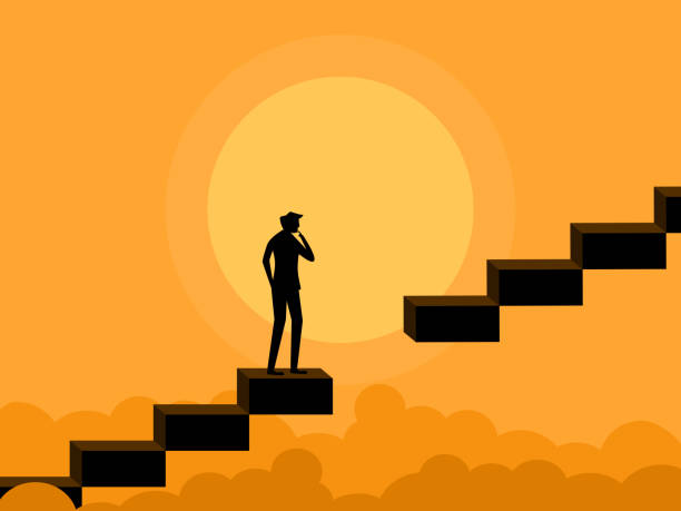 ilustraciones, imágenes clip art, dibujos animados e iconos de stock de thinking and solving problems. businessman standing and thinking on a broken staircase - cliff ladder business problems
