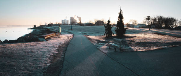 Windsor, Ontario is situated across the Detroit River from Detroit, Michigan.  Along Windsor's waterfront is a 5 km stretch of public park(s).