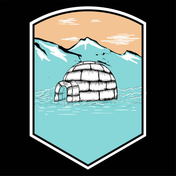 Retro Vintage Eskimo Inuit Igloo or Ice House with Iceberg Mountain Badge Emblem Label Design