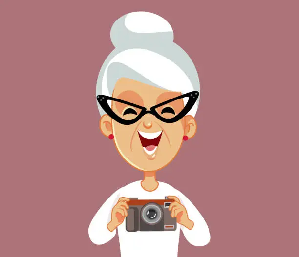 Vector illustration of Elderly Woman Holding a Retro Camera Vector Cartoon Character