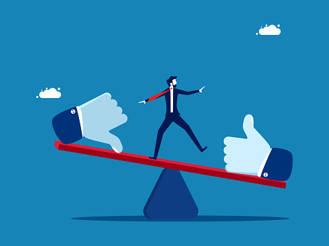 Valuation, pros and cons. Businessman balancing on seesaw with thumb up and thumb down. vector