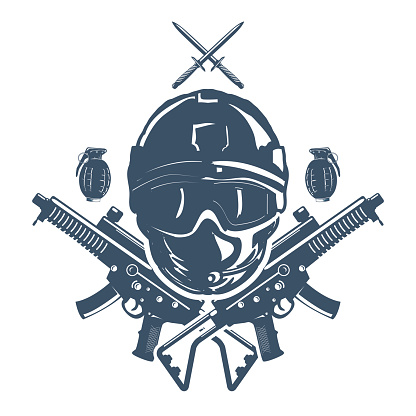 Elite Army Force Navy Soldier with Sub Machine Gun Grenade and Dagger for Military Badge Emblem Label Design Vector