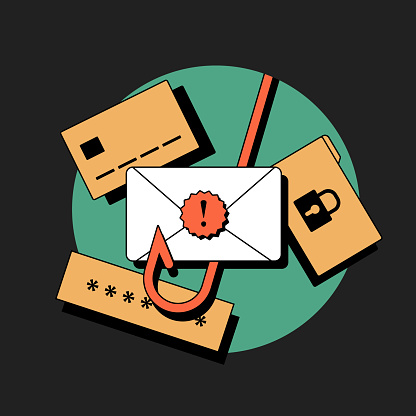E-mail phishing icon. Fraud email alert, scam malware notification concept. E-mail spam message with hook trojan viruses. Vector isolated illustration on black background with icons.