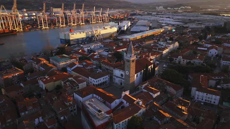 AERIAL Drone Shot of Cityscape and Industrial Port