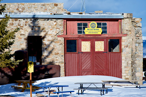 Como, Colorado, USA - February 12, 2024: The Como Roundhouse is a museum dedicated to the preservation and restoration of the historic Denver South Park & Pacific/Colorado & Southern narrow-gauge railroad.