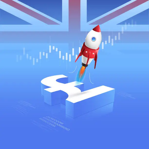 Vector illustration of 3D Pound symbol and Stock Market Candle with Rocket