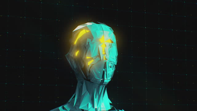 Transcendental intelligence alien being, omniscient entity, conscious machine 3D Artwork with a grid background. AI Singularity Concept Art Render in 4k.