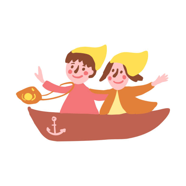 istock Decorative cute children in yellow cap sailing on boat, flat cartoon vector illustration people isolated on white, colorful symbol little tourist for travel design, kid map, trip card character 2047085358