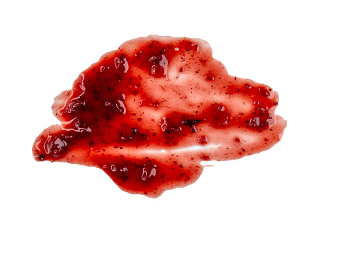 Sweet red berry jam, strawberry sauce as abstract smear stain isolated on white, transparent background