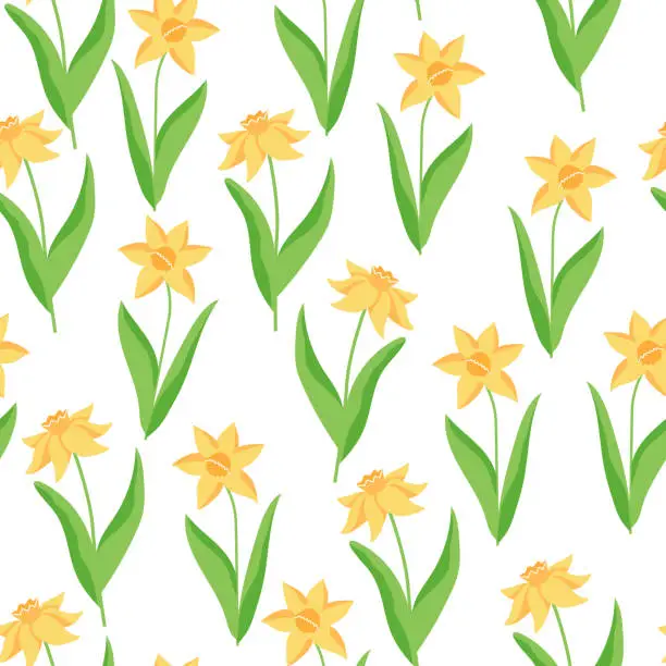Vector illustration of Vector floral pattern in doodle style with yellow daffodils. Spring flowers and leaves background.