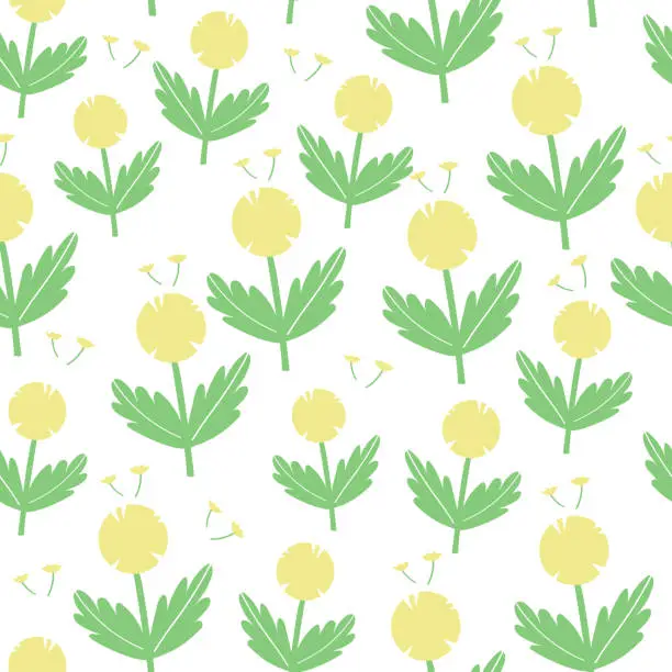 Vector illustration of Vector floral pattern in doodle style with yellow dandelions. Delicate, spring floral background.