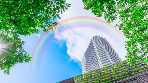 Rainbow over the blue sky and high-rise apartments