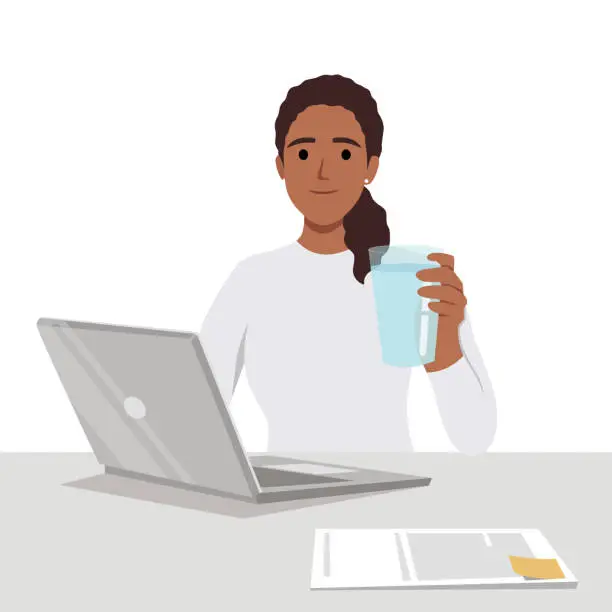 Vector illustration of Young business woman holding glass of water in front of desk.