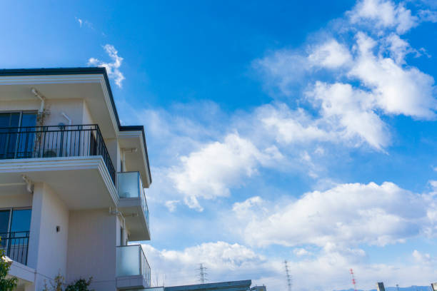 Closeup new, modern house, top part, background with copy space, full frame horizontal composition