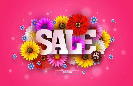 Colorful flowers accentuate this enticing spring sale promotional background