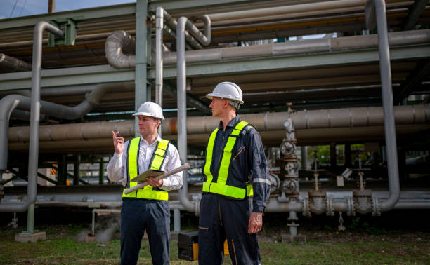 istock Engineer survey team wear uniform and helmet stand workplace checking blueprint project , radio communication and engineer box inspection work construction site with pipe oil refinery background. 2047158027