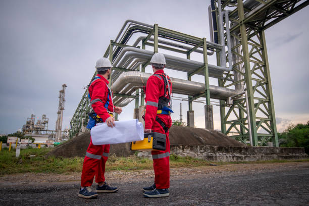 istock Engineer survey team wear uniform and helmet stand workplace checking blueprint project , radio communication and engineer box inspection work construction site with oil refinery background. 2047185301