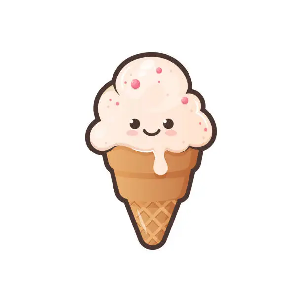 Vector illustration of Cute ice cream waffle cone. Kawaii style with funny face.Cartoon sweet character.Vector Illustration