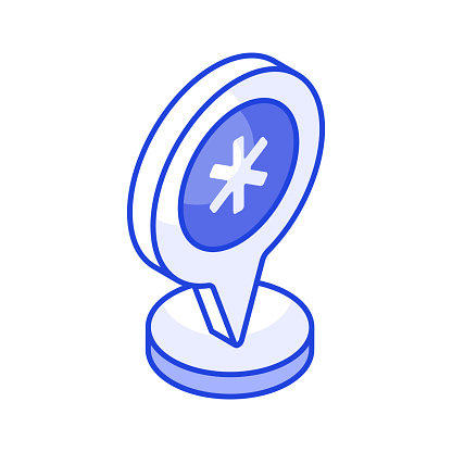 Medical sign inside map pin denoting concept isometric icon of hospital location