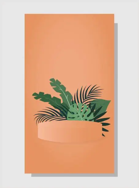 Vector illustration of Abstract background in trendy color 2024 Apricot Crush with tropical leaves and one stands (podium, pedestal).