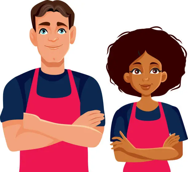 Vector illustration of Couple of a Restaurant Employees with Arms Crossed Vector Illustration