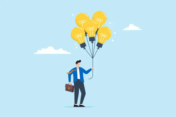 Vector illustration of Businessman holds bright lightbulb idea balloons, illustrating innovation, creativity, and smart thinking. Concept of finding solutions, inspiration, imagination and wisdom to create new ideas