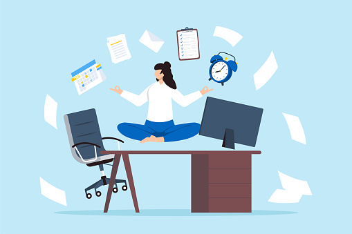 Businesswoman meditates at her office desk with work stuff and papers flying, illustrating employee wellbeing and comfortable workspace. Concept of relaxation, and balance in workplace