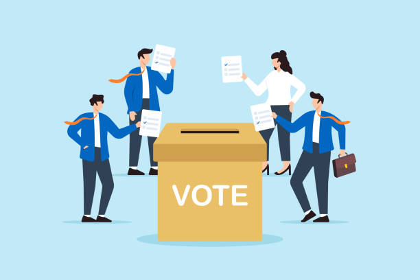istock Business people put checkmark on voting papers and drop into ballot box, illustrating political choices, or employee feedback. Concept of opinions in democracy, elections, customer surveys 2047244928