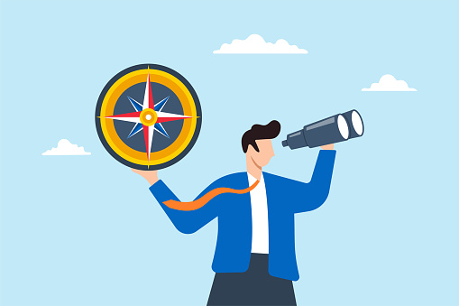 Businessman with binoculars and compass trying to find business profit. Concept of seeking direction, making decisions for business growth, finding investment opportunities, leadership and vision