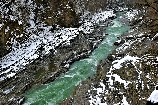 The White River in winter, a left tributary of the Kuban in the Republic of Adygea and the Krasnodar Territory of Russia.