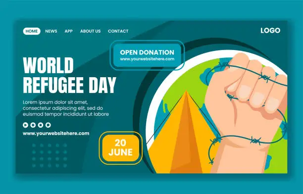 Vector illustration of Refugee Day Social Media Landing Page Cartoon Hand Drawn Templates Background Illustration