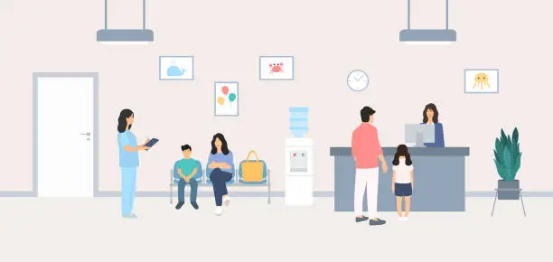 Vector illustration of Children's Waiting Room In The Hospital With Little Boy And His Mother Sitting On Chairs And Waiting For Doctor Examination. Little Girl And Her Father Talking With Female Receptionist At Reception Desk