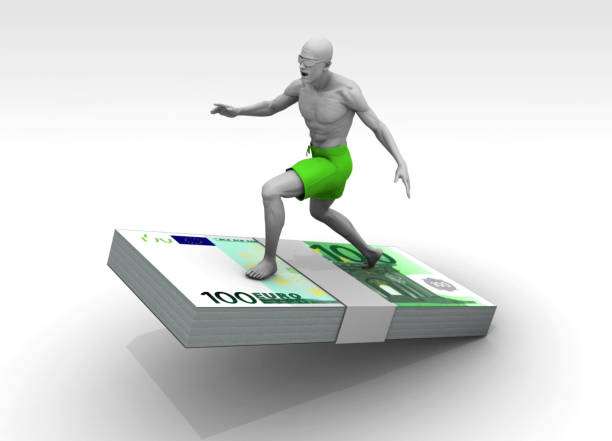 The newly rich surfing on a stack of Euros. The entertainment life of the new generation rich in e-commerce. A speculator surfing on white background. / You can see the animation movie of this image from my iStock video portfolio. Video number: 2046221244