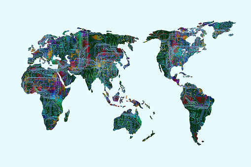 The printed circuit board pattern world map represents an earth full of technology and the globalization of business.
