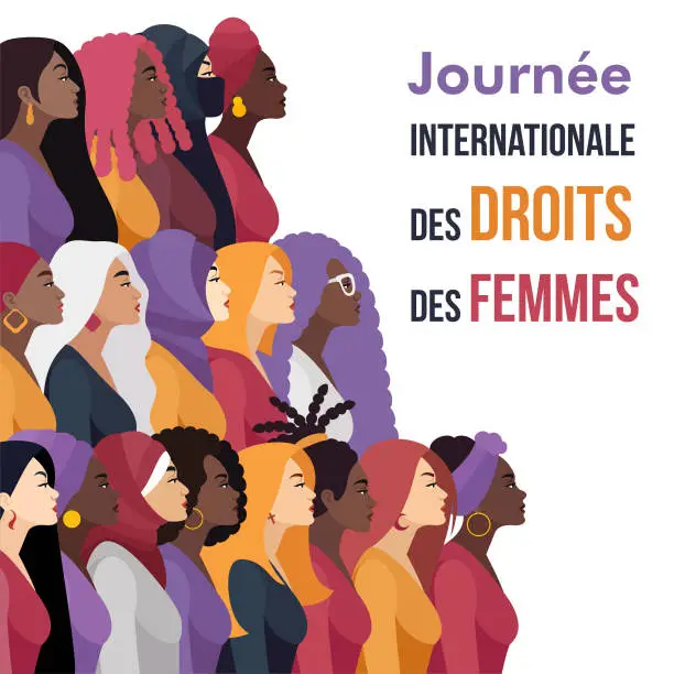 Vector illustration of Multi-ethnic Group of People. International Women’s Day banner design with a multi-racial group of women.  La journée internationale des droits des femmes.