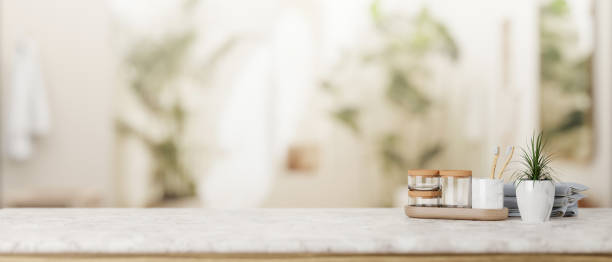 istock A presentation space for display product on a white marble tabletop in a modern, luxurious bathroom. 2047304205