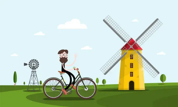 Vector illustration of Man on bicycle with windmills on background