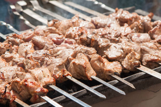 Marinated shashlik barbecue prepared on wood coal