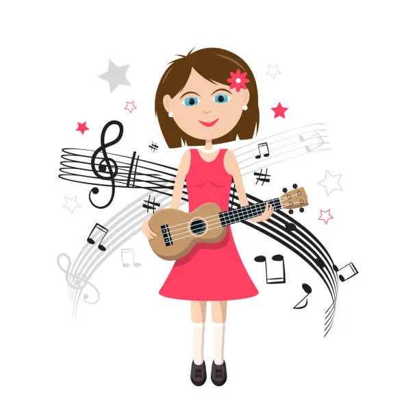 Vector illustration of Cute woman in pink dress playing ukulele