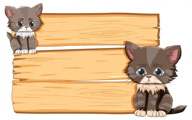 Vector illustration of Two cute kittens illustrated beside a wooden crate.