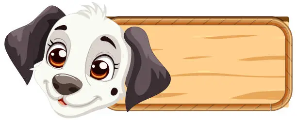 Vector illustration of Cartoon dog beside an empty wooden sign.