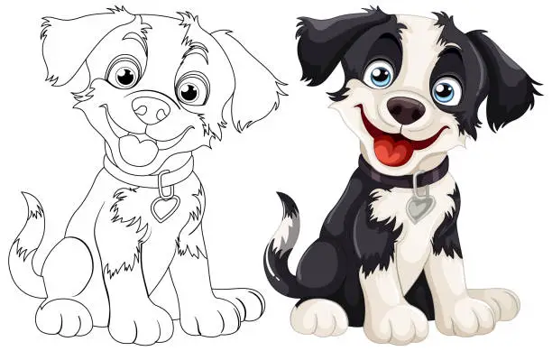 Vector illustration of Vector illustration of two cartoon puppies, one colored, one outlined.