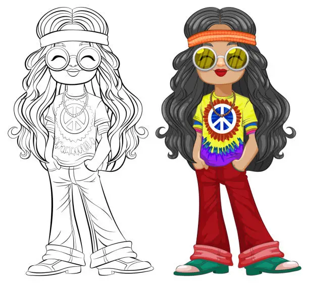Vector illustration of Colorful and black-and-white hippie girl drawings.