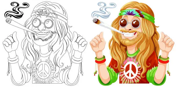Vector illustration of Colorful vector of a hippie with a peace sign shirt.