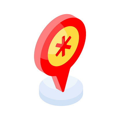 Medical sign inside map pin denoting concept isometric icon of hospital location